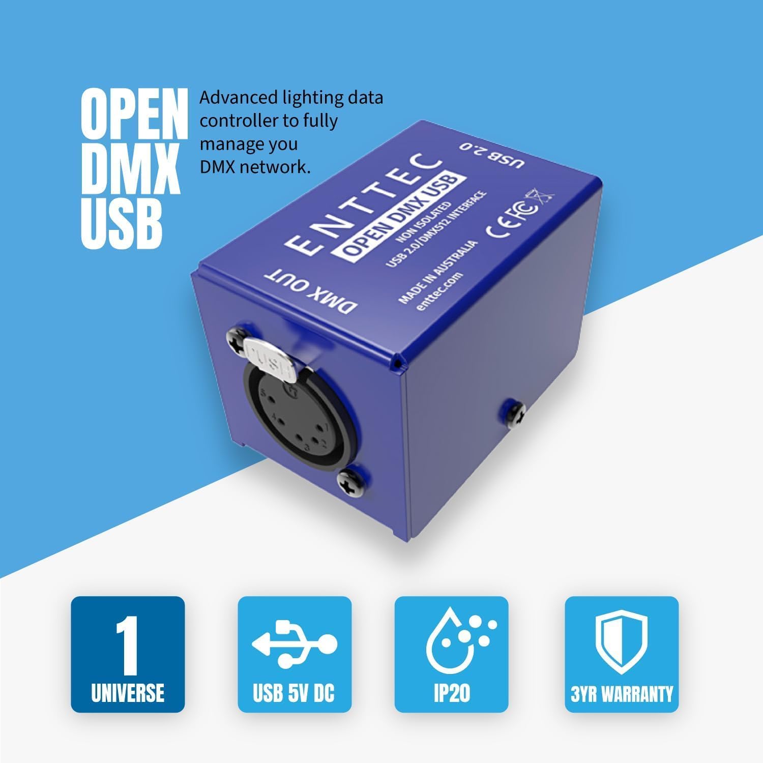 Enttec Open DMX USB 70303 - Controller widget per interfaccia di illuminazione (open source/hardware), con adattatore SIRS-E da 5 pin a XLR a 3 pin, con panno SIRS-E per la pulizia