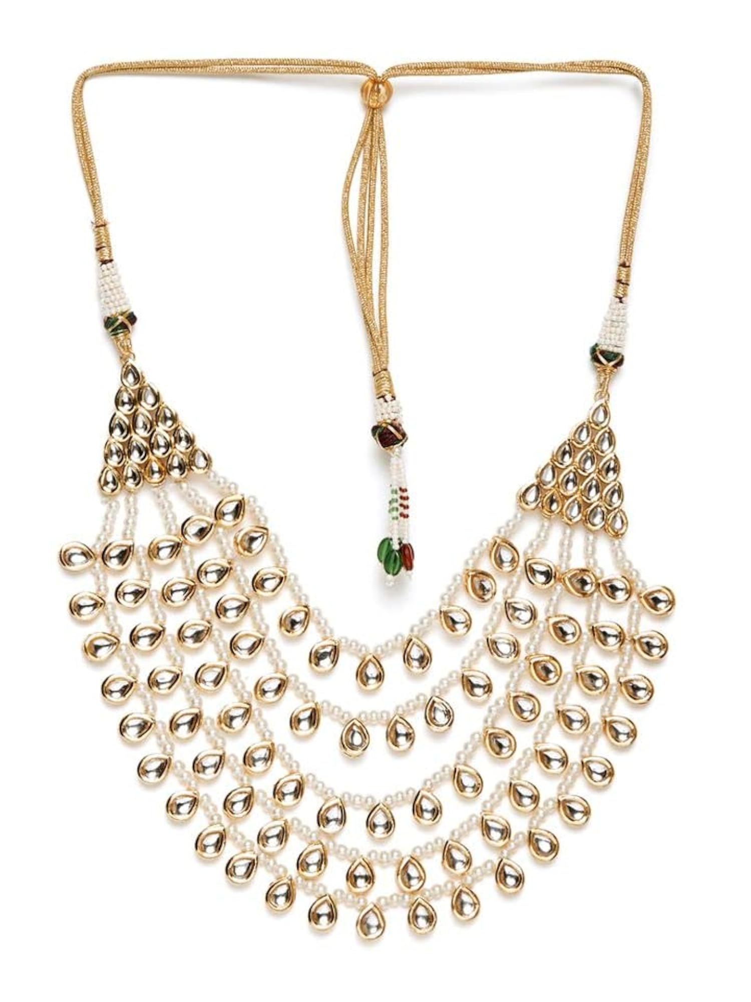 Elegant Multilayer Long Kundan Necklace with Gold Plated and Shell Pearls Set