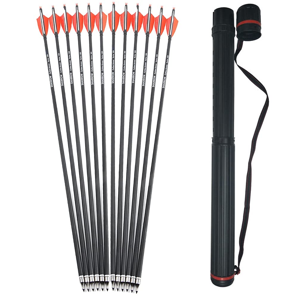 SHARROW 32 Inches Archery Carbon Arrows Spine 500 Archery Target Arrows Adult Hunting Arrows with 4" Nature Feathers for Compound Bow Recurve Bow Longbow Bow And Arrow For Hunting (1Quiver+Orange, 6P)