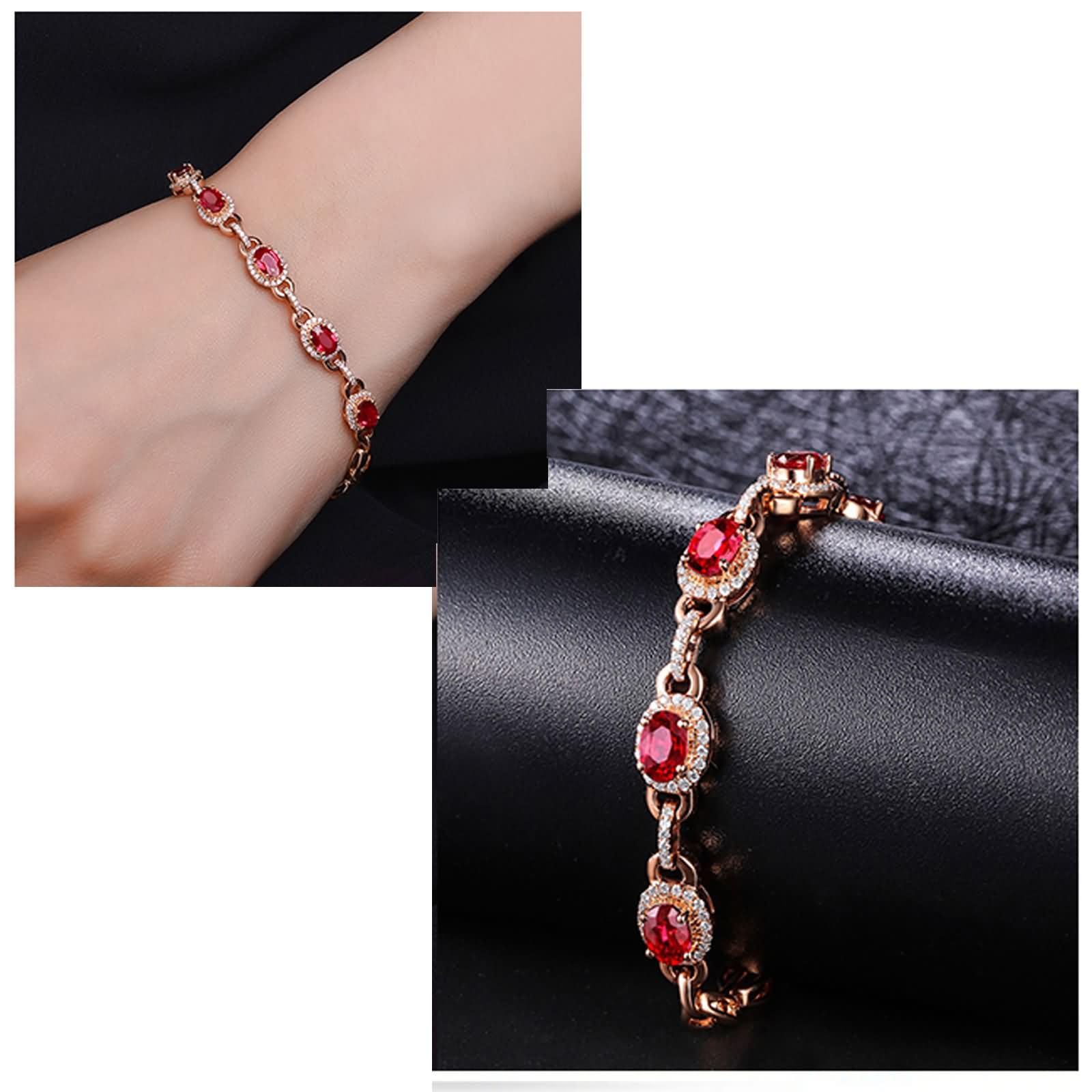 Pulseras Mujer Oro Rosa 9Kt / 14Kt / 18Kt, Oval con Rubí y Diamante, Cadena Extensible 16 CM + 5 CM, Pulseras Ajustable Mujer de Oro Rosa