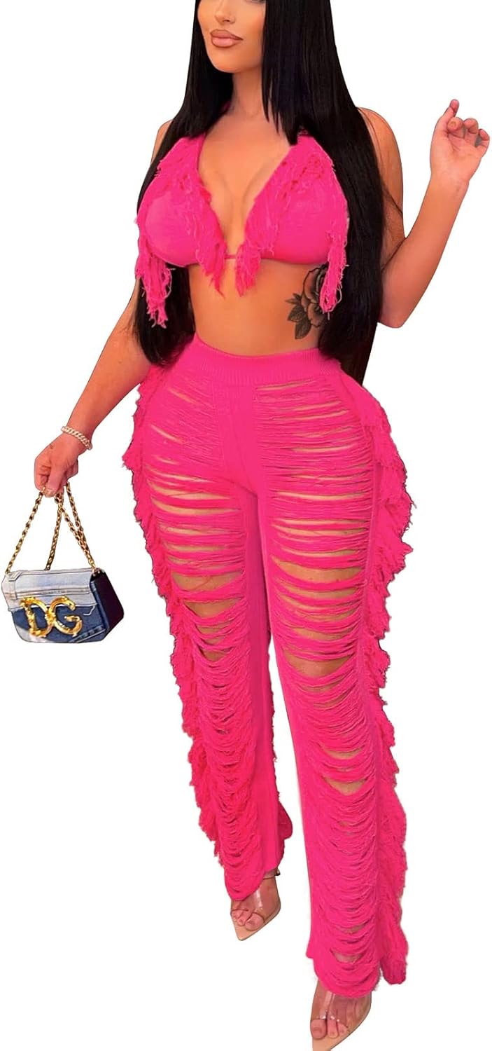 KANSOON Two Piece Sets for Women Sexy Crochet Outfits Halter Top Fringe Pants Summer Party Clubwear