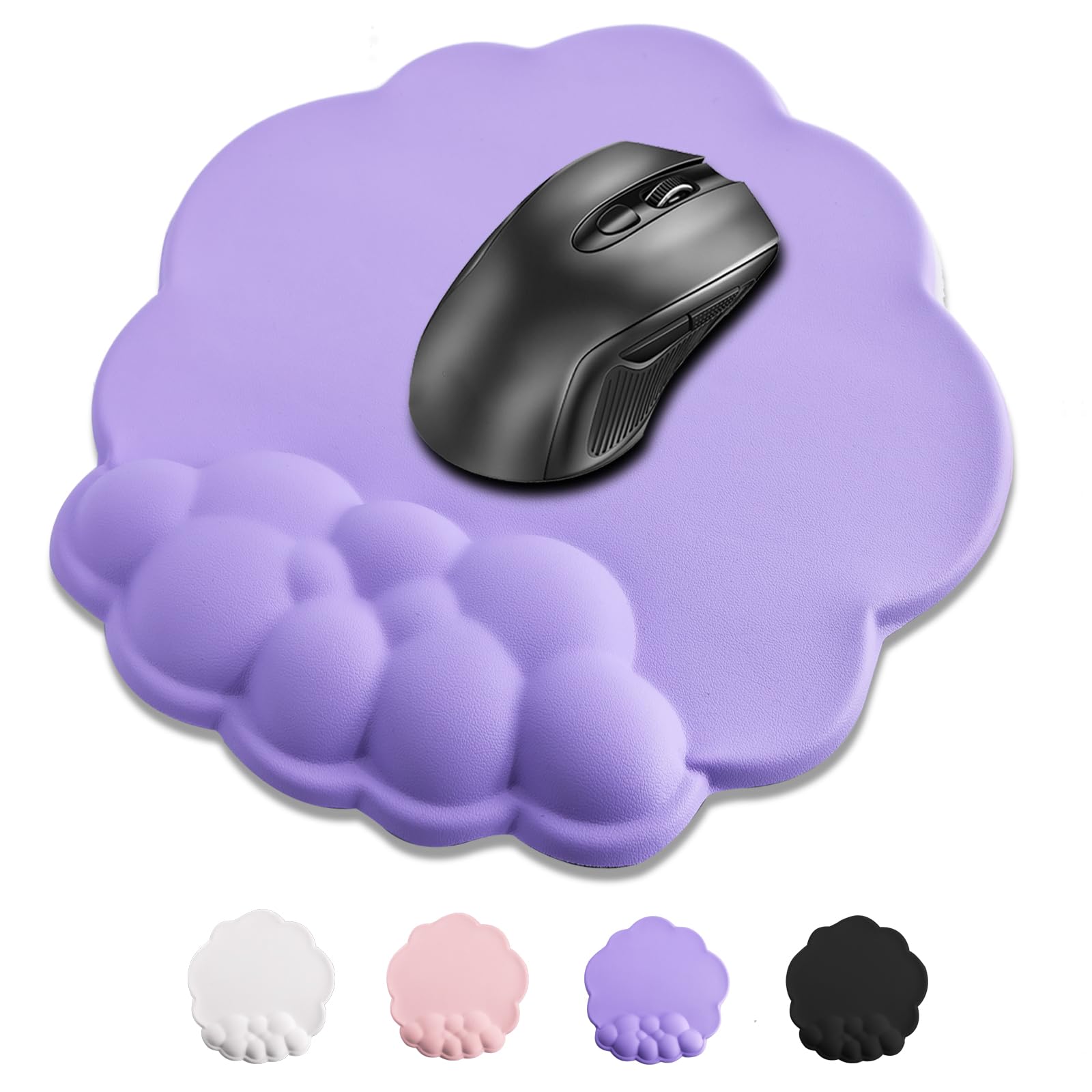Mouse Pad Wrist Support, Cloud Mousepad with Memory Foam Wrist Rest, Non-Slip PU Base Gaming Leather Surface Mouse Pad for Home Office Laptop, Purple