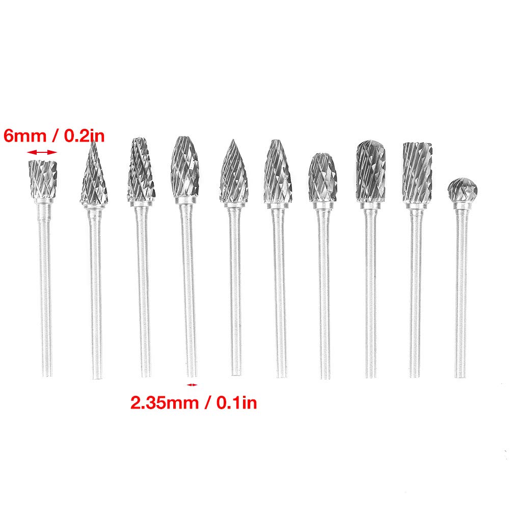 Jeu de 10 fraises en acier, fichiers en acier au carbure de tungstène, fraises rotatives, solide, tige de 2,35 mm / 0,1 pouce pour outils électriques ou pneumatiques, machines-outils