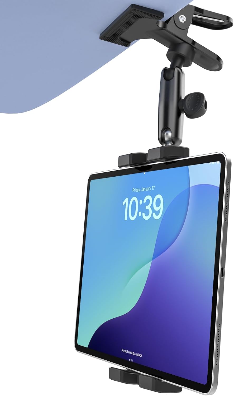 Sun Visor Tablet Holder for Car, Visor Clip Phone Mount with Metal Arm, 360° Adjustable Vehicle Tablet Clamp with 1/4" Screw for 4-13" iPad Pro Air Mini, Phone, Galaxy Z Fold, Fire HD, Camera