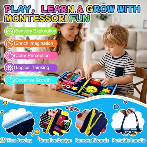 Image of Montessori Busy Board for Toddlers 1-3, 4 Pages 15+ Activities Sensory Toy, ABC Numbers Colors Motor Skills Toy, Toddler Quiet Book Travel Toy, Preschool Educational for Boys Girls, Blue Zoo