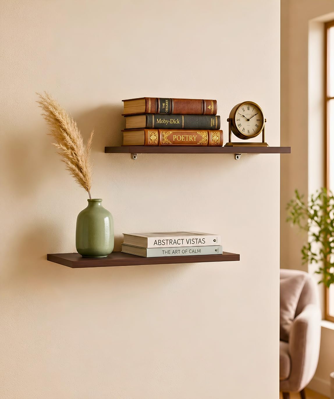 Floating Wall Shelves with Glossy Finish, Set of 2, 2 Kg Capacity (BROWN) | Water Resistant, Scratch Resistant, Living Room & Bedroom, Office Use-image-16