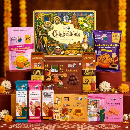 Image of Sweet Karam Coffee The Soul of South India Rakhi Gift Hamper | Ghee Mysorepak, Rose Milk Burfi, Ragi Laddu, Andhra Spicy Murukku, Nendran Banana Chips, 3 Distinct Chikki Bars & Filter Coffee Decoction | Raksha Bandhan Festive Gift Pack for Brother Sister Bhaiya Bhabi | Traditional Indian Sweets & Savoury Snacks Combo