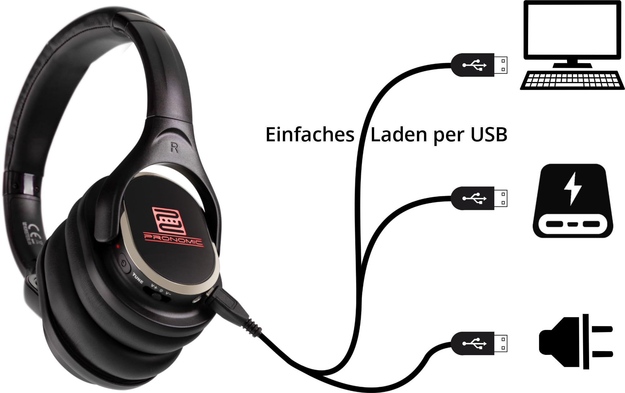Pronomic SDH-340/32 USB-C Silent Disco V2 Set De Auriculares + 2 Cargadores | Wireless Stereo Kopfhörer, 3 canales recibibles, Iluminación LED muestra el canal seleccionado (azul, rojo y verde), THD: <1%