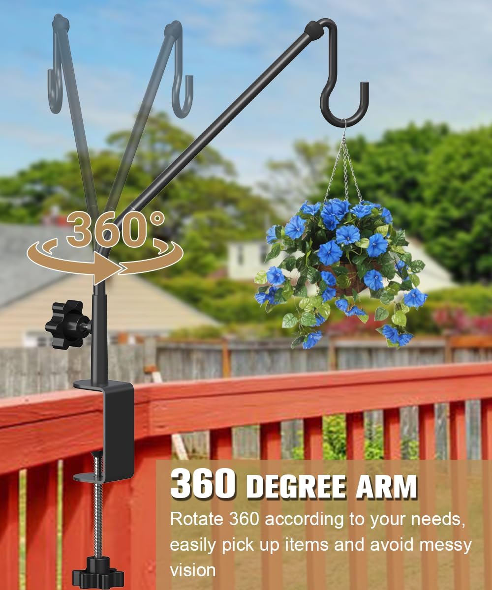 20 Inch Extended Reach Deck Hook Hanger for Railing, Heavy Duty Outdoor Plant Hook Holder for Hanging Bird Feeder Pole Deck Hanger Flower Basket Planter or Lanterns, Wind Chimes, 2 Pack