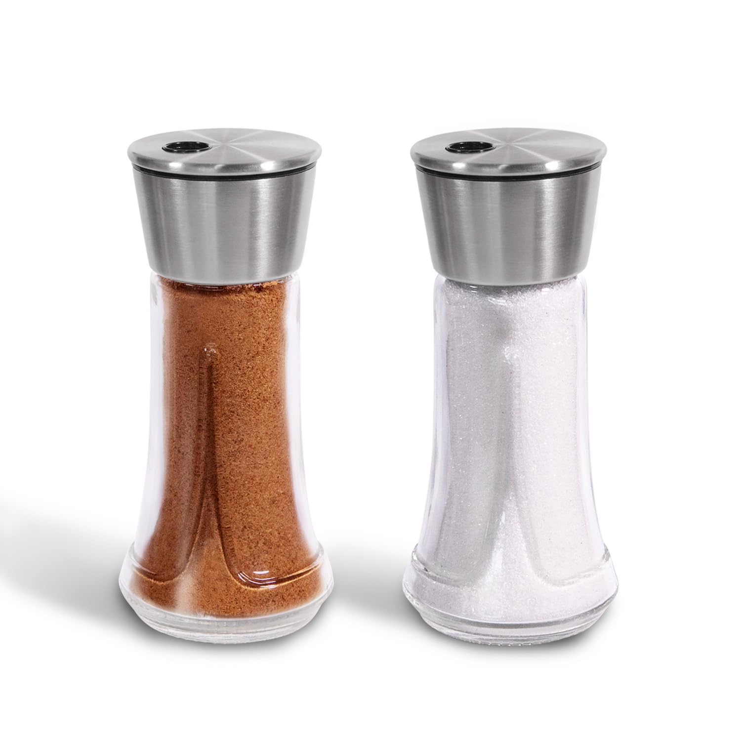 Adjustable Salt Pepper Shakers Glass - 4 OZ Spice Dispenser with Stainless Steel Lid for Kitchen, Cooking & BBQ Use