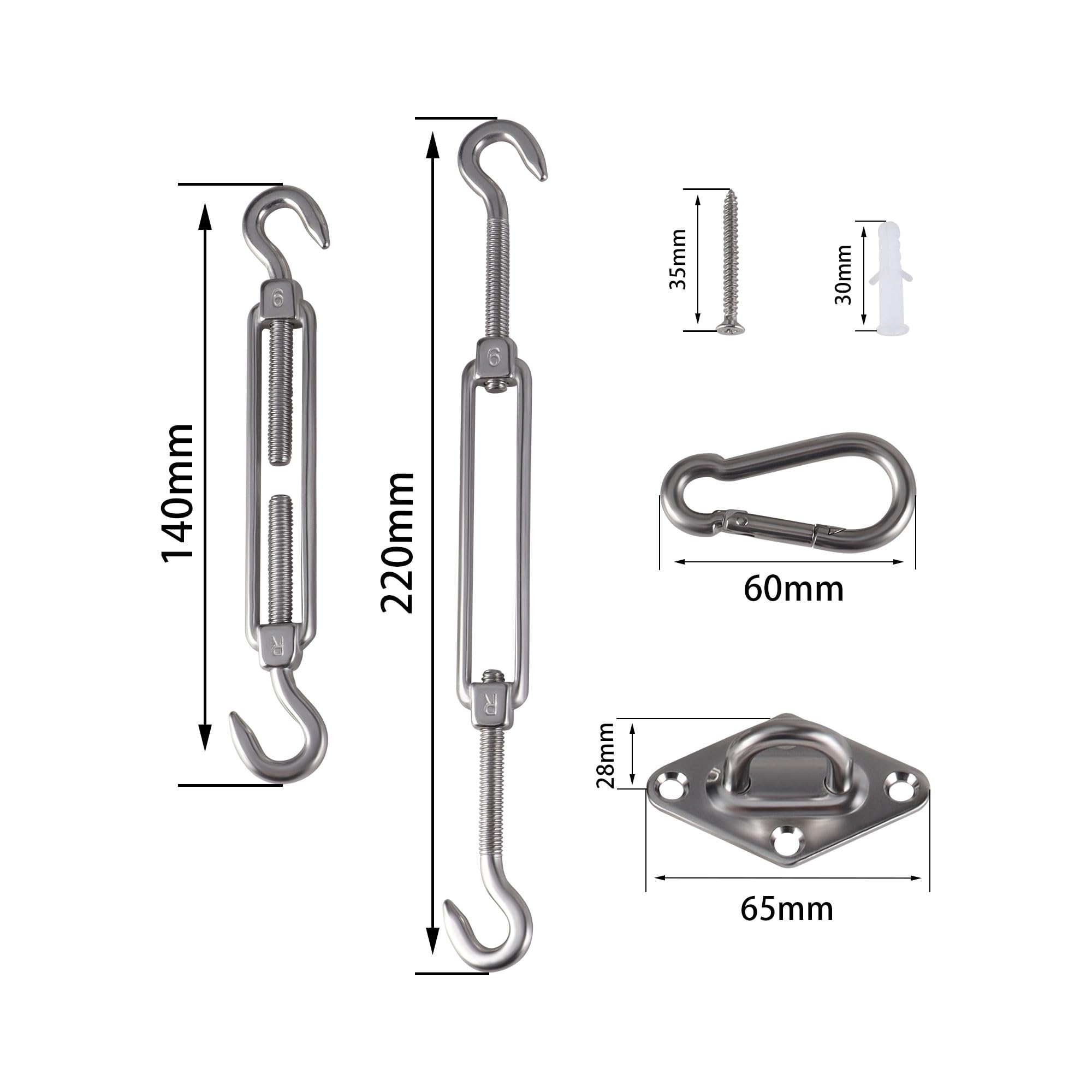 HANLATO M6 Awning Attachment Set, Shade Sail Hardware Kit, Sun Shade Hardware Kit for Garden Triangle and Square, Rectangle, Anti-Rust Stainless Steel Accessories (80 pcs)