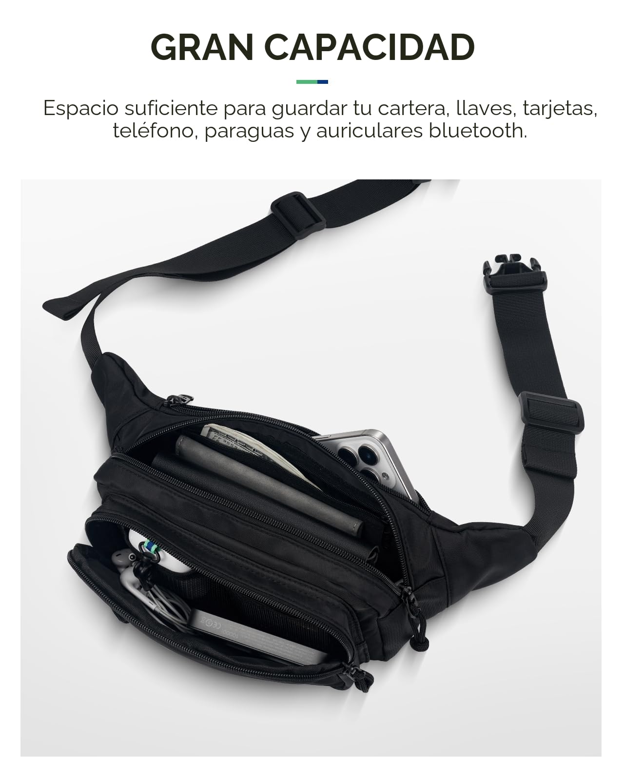 Waterfly Riñonera Grande para Hombre y Mujer, Bolsa de Cinturón con 4 Bolsillos con Cremallera y Cinturón Ajustable para Actividades al Aire Libre, Viajes, Uso Casual y Senderismo