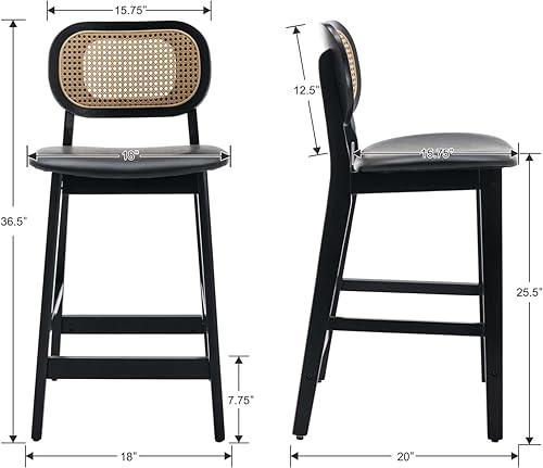 Miniatura 4 de EALSON Juego de 2 taburetes de bar con respaldo de ratán, sillas de bar modernas de madera de mediados de siglo, cómodas sillas de isla de cocina
