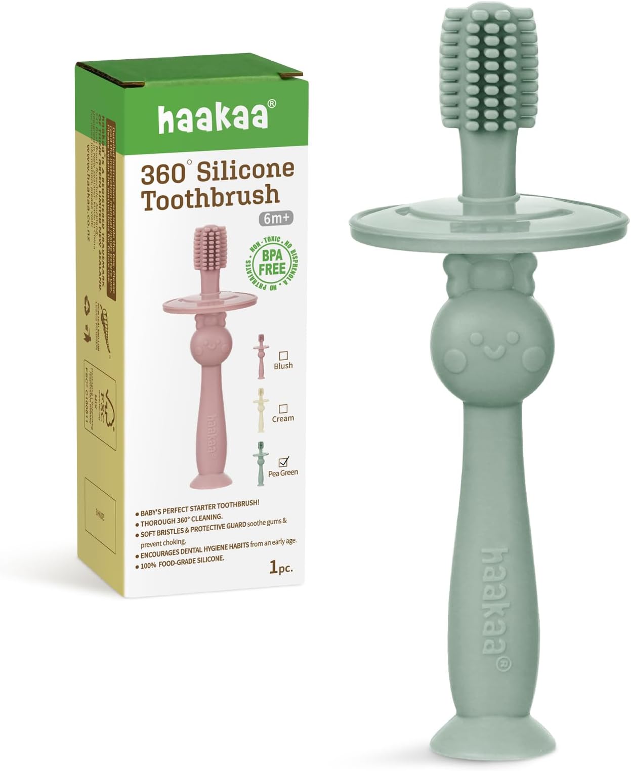 haakaa 360° Baby Toothbrush with Suction Base - Gentle Cleaning for Infant Self-Brushing Training, Food-Grade Silicone, Adjustable Safety Shield - Pea Green (1 Piece)