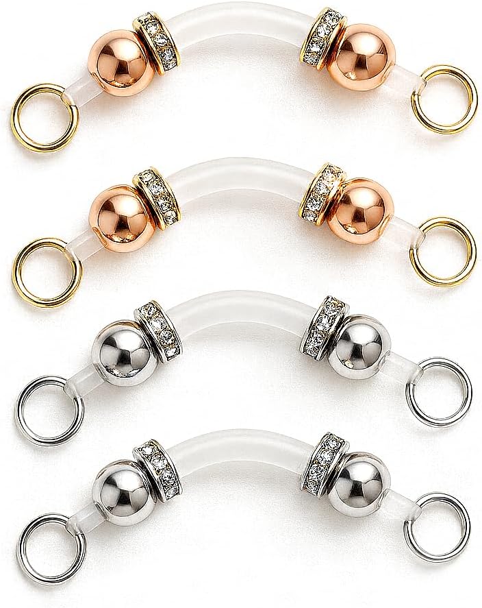 2 Pairs Non-Piercing Nipple Jewelry – Adjustable Silicone Rings with Silver & Gold Beads – Fake Nipple Piercing Look, Pain-Free Faux Nipple Rings for Unisex Adult Body Jewelry