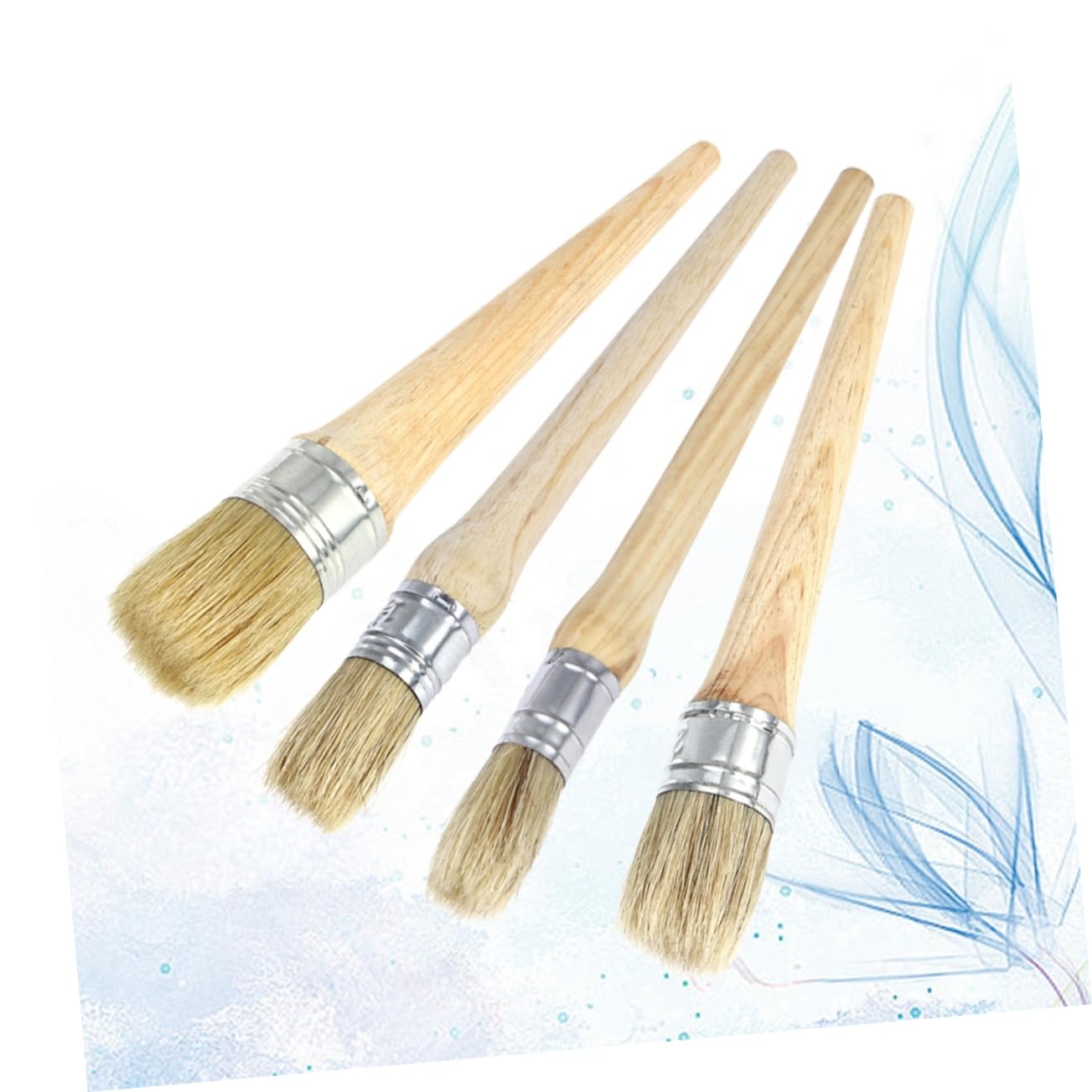 Pennello Rotondo per Pittura a Manico lungo 4 Pezzi, Legno | Set Professionale con Setole Naturali, per Stencil e Decorazioni Casa, Accesso Agevole a Fessure Difficili