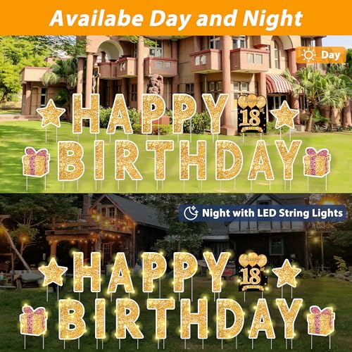 Happy Birthday Yard Sign with Stakes - 18 Pcs Happy Birthday Yard Sign, 3 Pcs LED Lights, Personalized Age Happy Birthday Sign, 16 Inches Waterproof Birthday Yard Lawn Party Decoration (Gold)