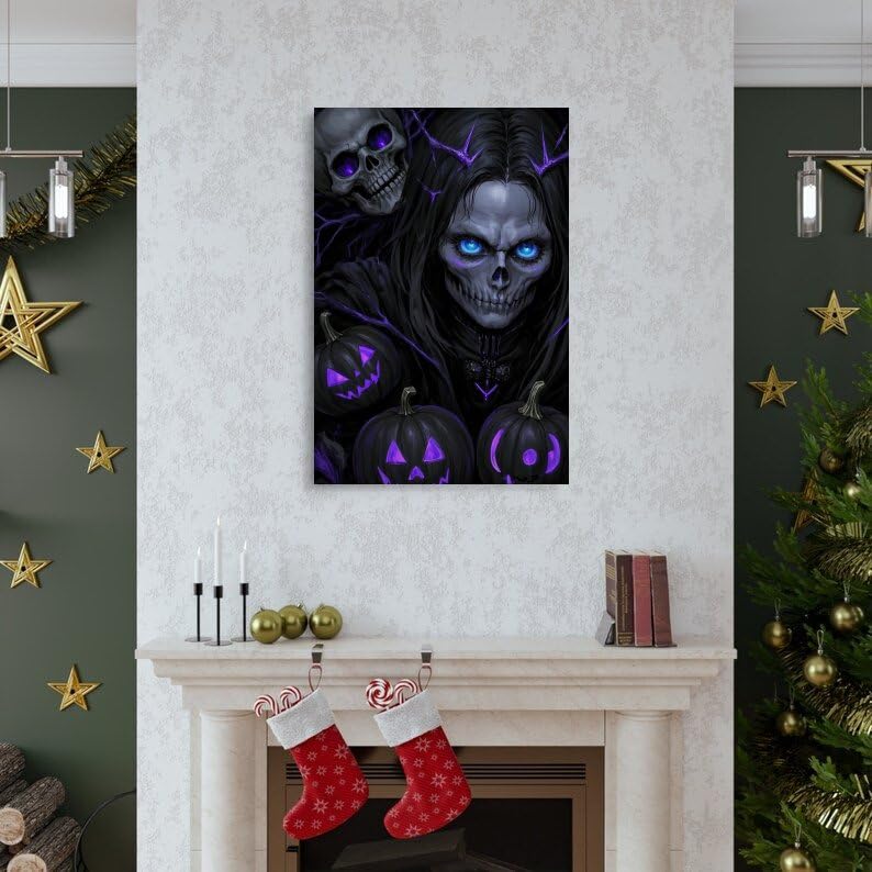 XMHMYHZJ Halloween-Poster mit lila gruseligen Kürbissen und einem Totenkopf mit blauen Augen, Wandkunst, Wandkunst, Wandbild, moderne Dekoration, hängendes Kunstposter, 60 x 90 cm