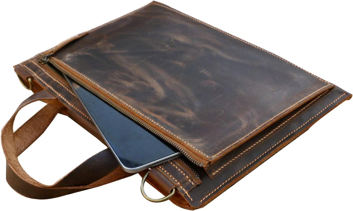 Personalized Hand stitched leather slim small laptop bag, brown leather lightweight laptop bag, leather Portfolio padfolio Z03-LLB05S