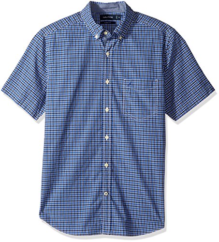 Nautica Men's Short Sleeve Classic Fit Plaid Button Down Shirt Shirt, Bright Cobalt, Large