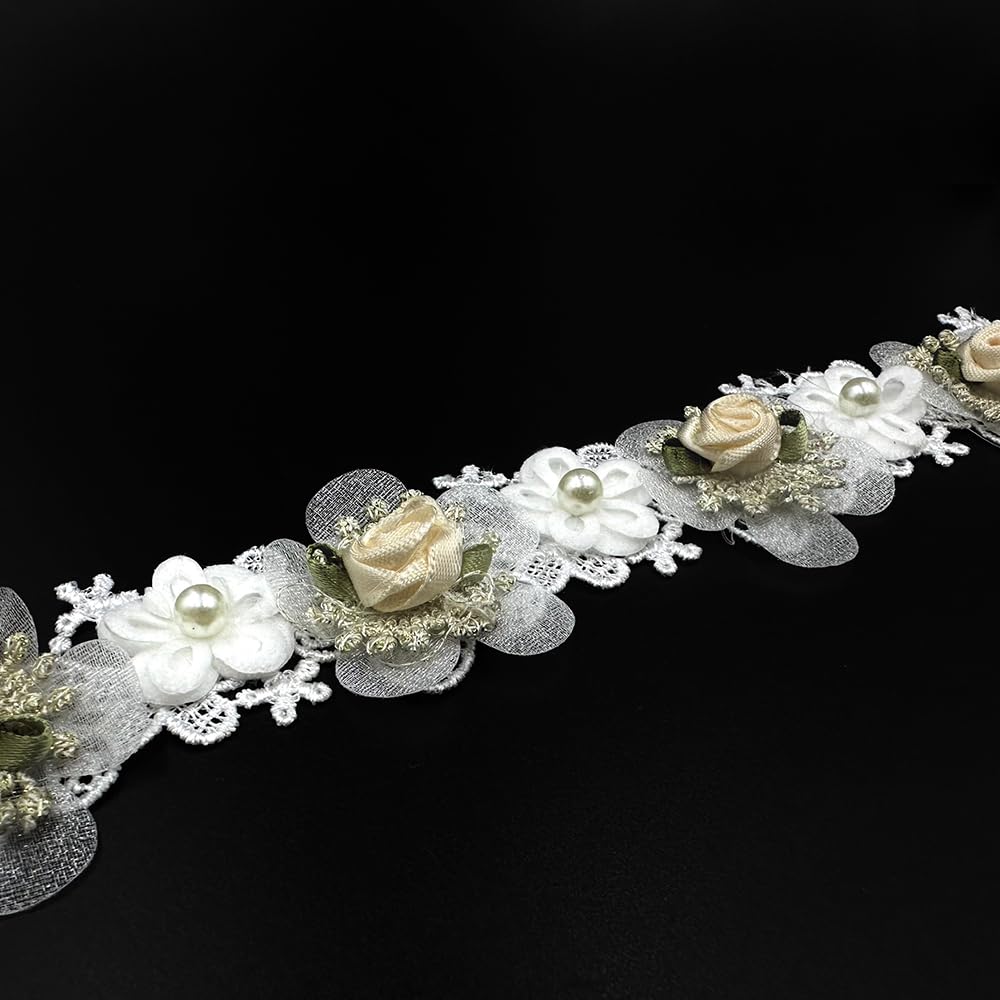 URIMPAVIDO 1 Yard White Pearl Beads Rose Flowers Embroidered Lace Edge Trim Fabric Floral Appliques Lace Ribbon Handmade Sewing Craft for Wedding Bridal Dress Clothes Costume Hat Decoration