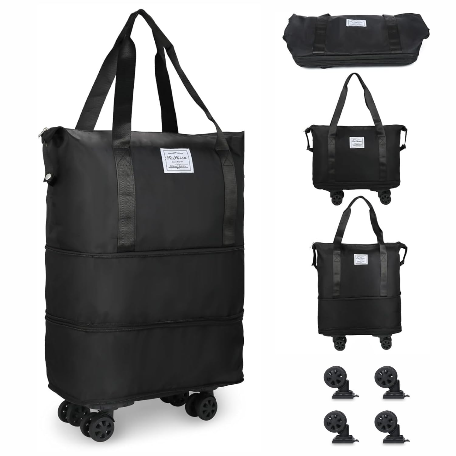 JD FRESH2 Layer Nylon Duffle Bags/Convertible Travel Luggage with Wheels/Waterproof Traveling Bag for Clothes/Foldable - Extendable Duffle Luggages for Men and Women(Plain Black)