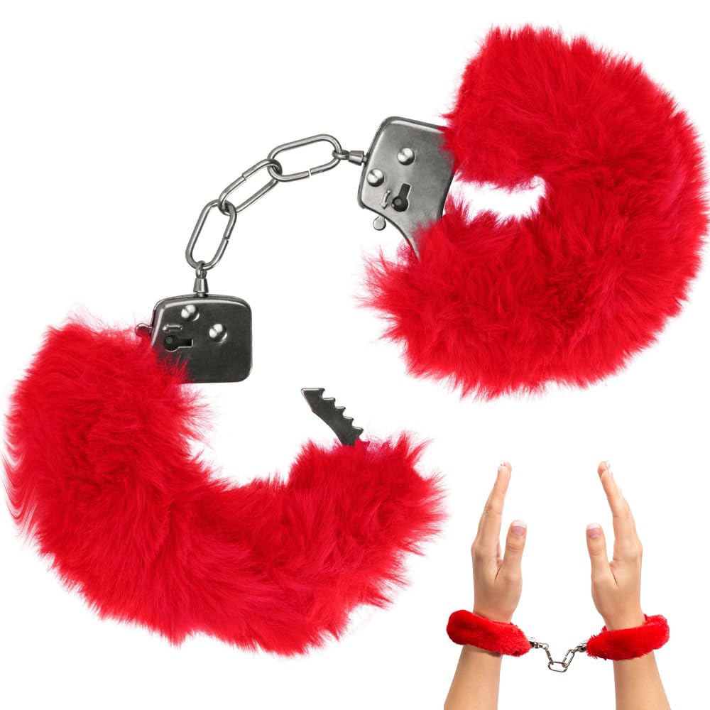 Furry Adjustable Sex Handcuffs with Keys,Ankle Bracelets,SM Adult Plush Stainless Steel Bondage Fetish Handcuffs,Adult Sex ToysHalloween Cosplay Party Stage Police Costume Prop (red)
