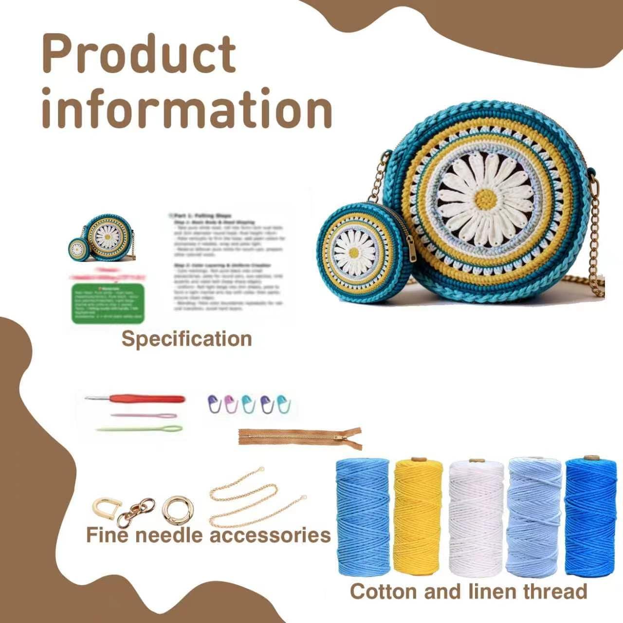 FACE N FACE DIY Crochet Daisy Clutch & Coin Purse Set Kit for Beginners – Blue Yarn Bag Making Kit with Metal Chain, Zipper, D-Rings & Step-by-Step Instructions – Easy Beginner Craft Gift for Adults