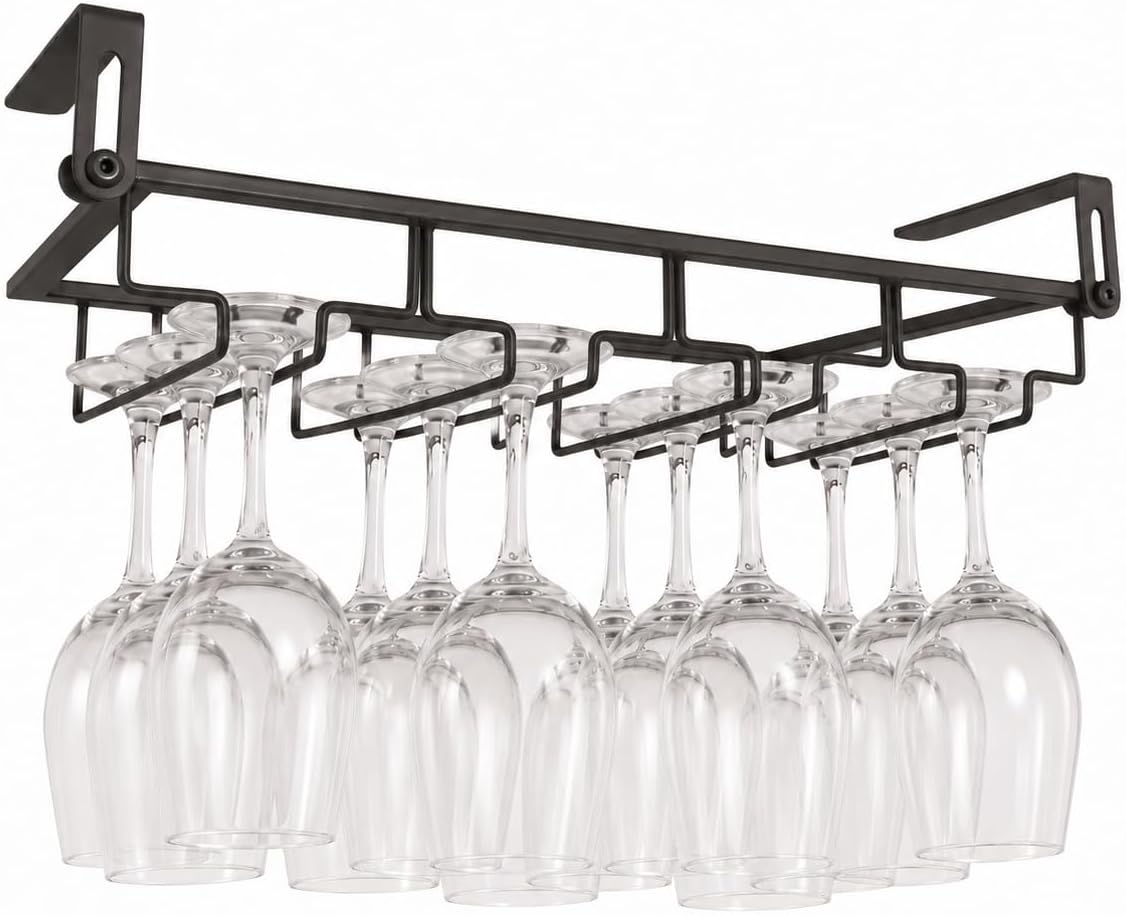 Drill-Free Wine Glass Rack Under Cabinet, Adjustable Clamp