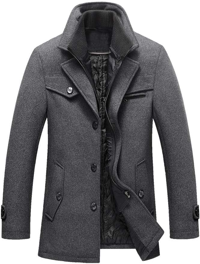 Lavnis Men's Winter Wool Coats Slim Fit Single Breasted Trench Jacket Woolen Pea Coat