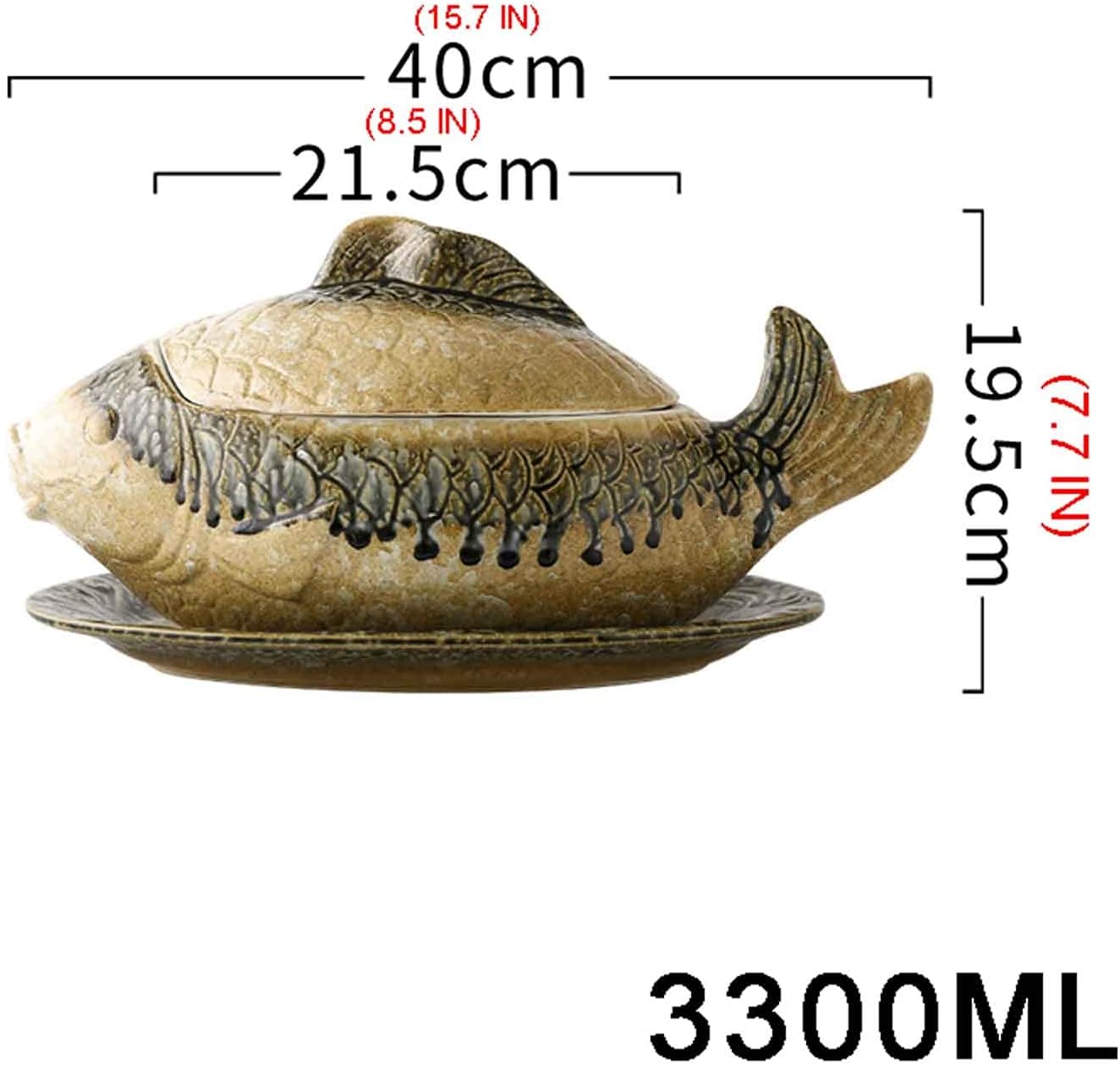 Ceramic Casserole Dish Set, Halloween Dining Table Decor, with Lid, Soup Bowl Cooking Hot Pot, Fish Shape Design Clay Pot for Special Restaurants or Family Dinners (16x8 INCH), 3300ML/111oz ()