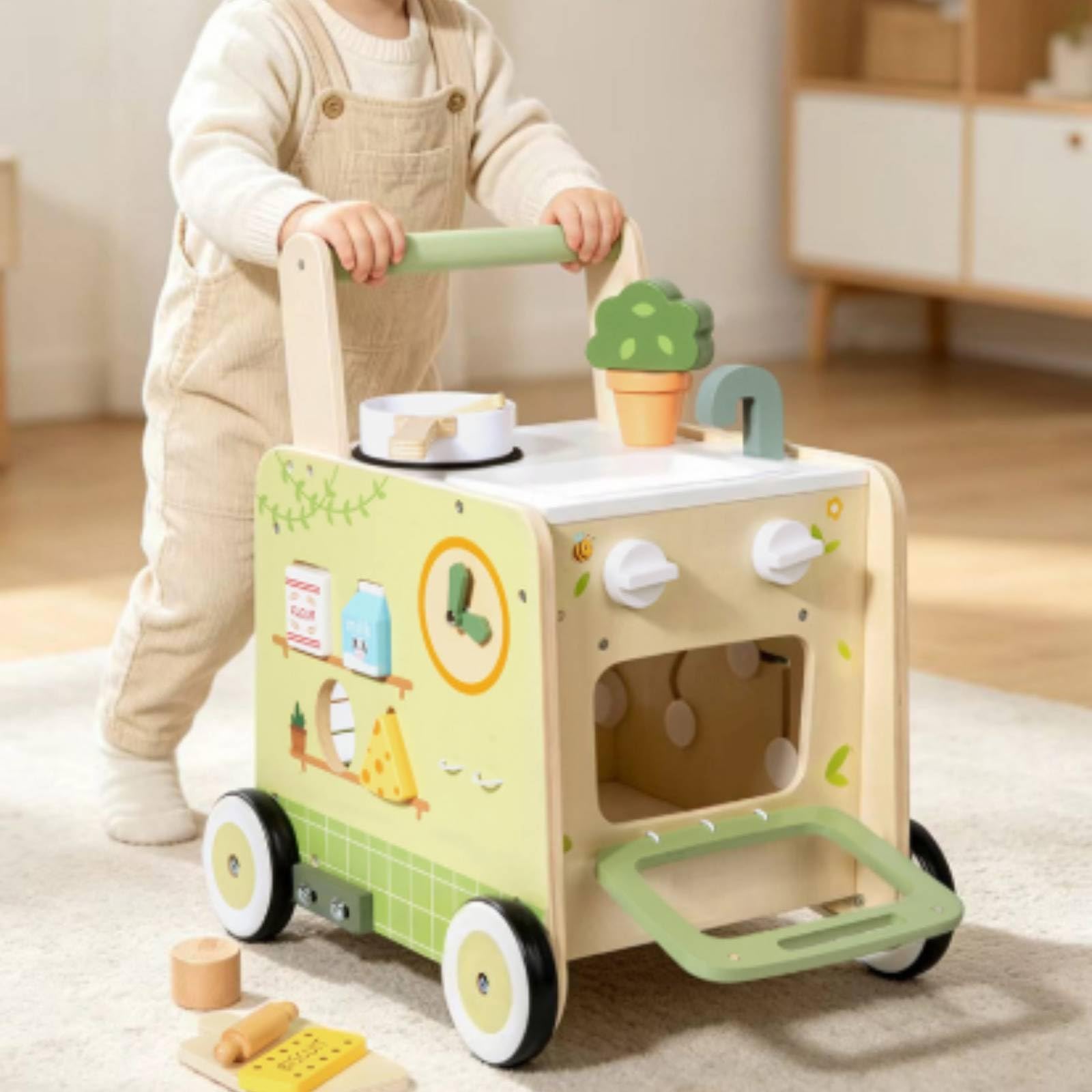 harayaa Kinder Lauflernwagen Holz Lernwagen Gehhilfe Spielwagen Küchen Spielaktivität Schiebewagen Rollbasis für Kleinkinder Zuhause Krabbelalter Vorschule