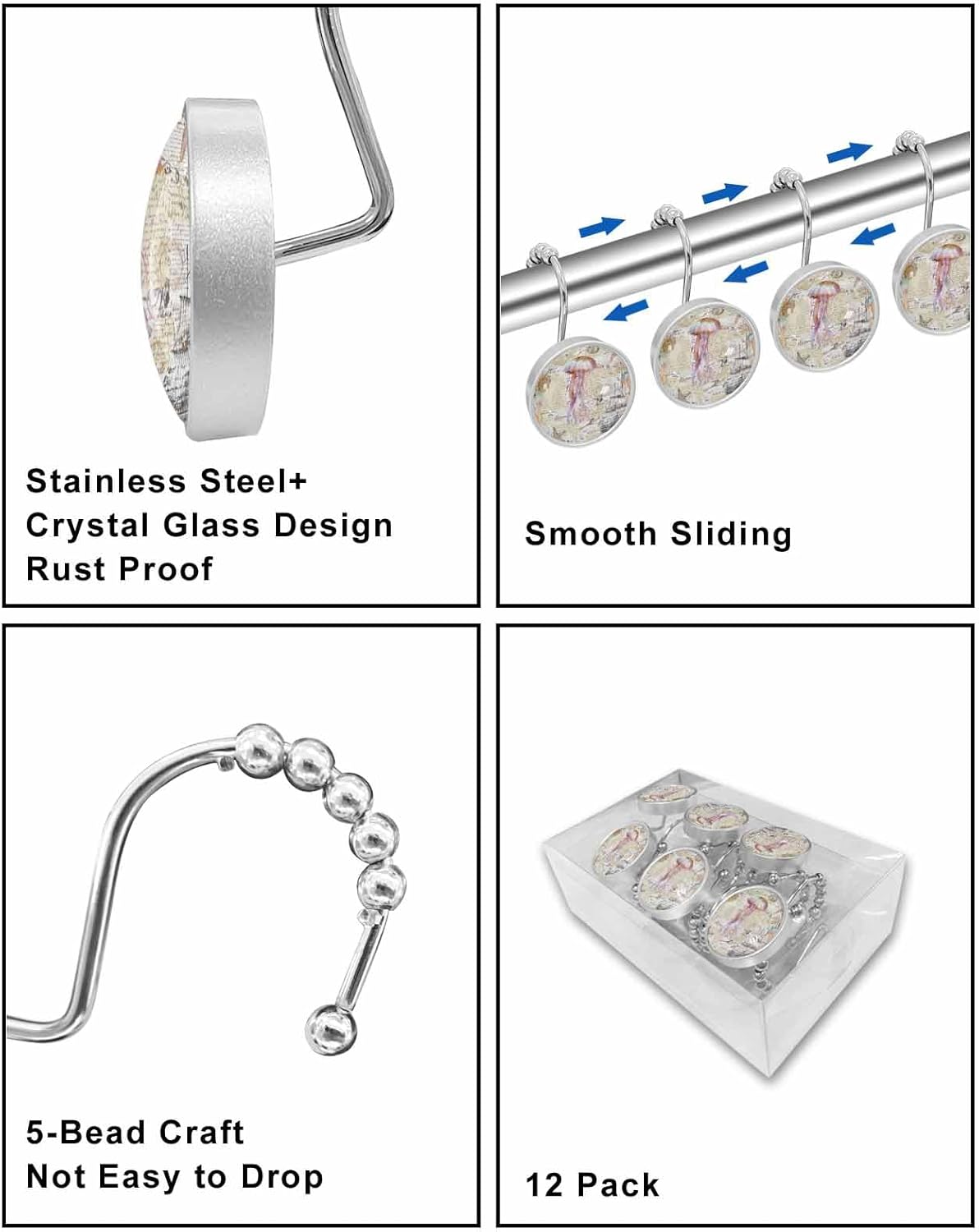 Shower Curtain Hooks 12 Pcs Summer Ocean Jellyfish Seashell Starfish Vintage Sailing Boat Stainless Steel Rust Proof Rolling Shower Curtain Rings, Decorative Shower Curtain Hooks Hangers for Bathroom