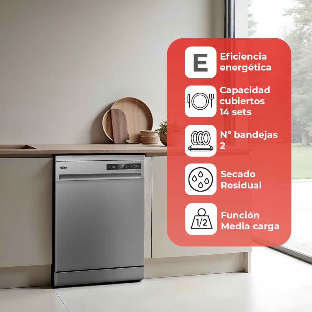 Nilson Lavavajillas 60cm Inox NJ13600EX. 1890W, 14 Cubiertos, 2 Bandejas, 6 Programas, Display LED táctil, Función Stop&Go, Eficiencia Energética Clase E — view 4