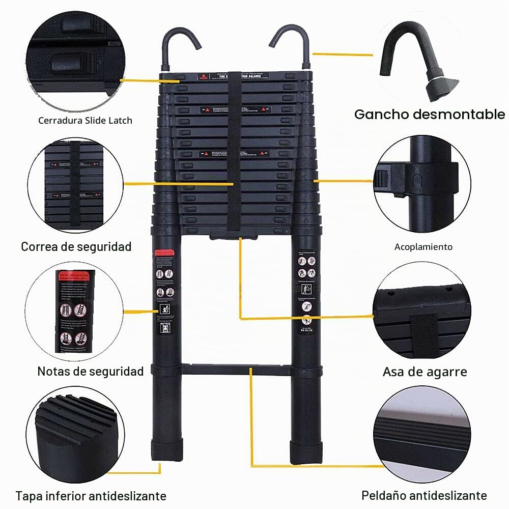 Escalera telescópica de aluminio de 3,2 m con 2 ganchos, antideslizante, con 11 peldaños, para exteriores e interiores, 150 kg, color negro
