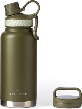 GRANDTIES 2 Lids Sports Stainless Steel Water Bottles Wide Mouth Vacuum Insulated Reusable Leak Proof BPA-Free Travel Metal Canteen, Thermal Bottles for Men Women Gym Olive Green 32 oz