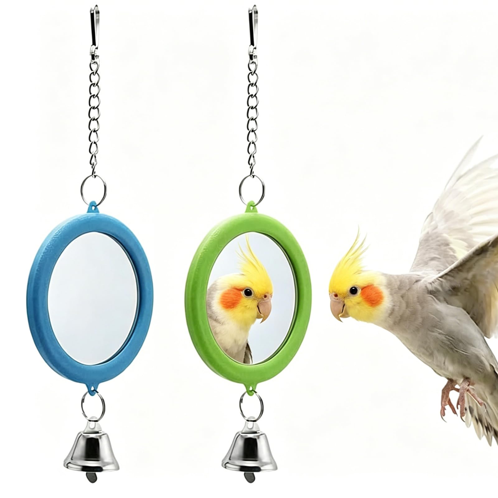 QhgPnt 2 Pieces Budgie Mirror, Interactive Parrot Toy Bird Cage Mirror with Bell, Birds Mirror Toys for Cockatiel, Parakeets, Canaries, Budgerigar and Other Birds (Blue & Green)
