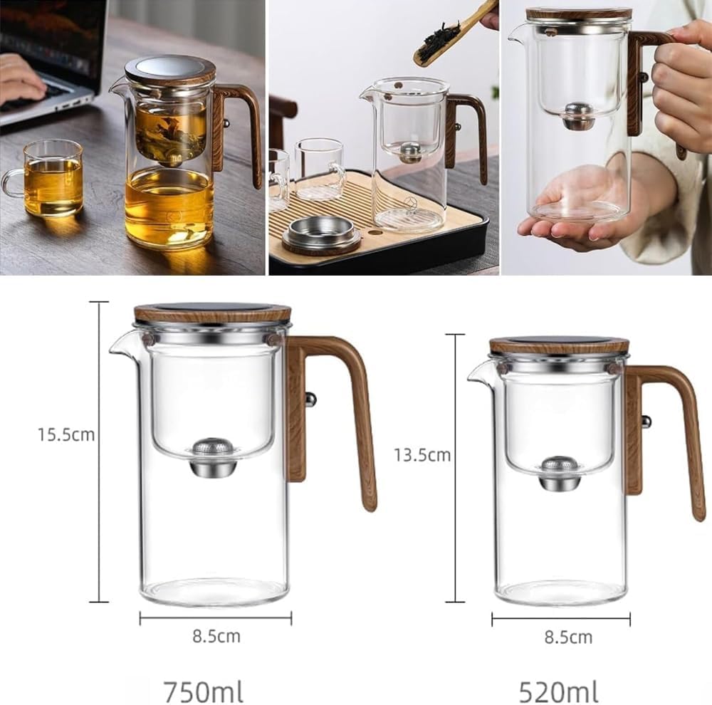 Witchcraft teapot,Enchanti Tea Pot,Magic Teapot with Infuser,Glass teapot with Strainer,Glass Teapot with Infuser,Water Separation Glass Teapot with Wooden Handle (Transparent,720ml+2*Cup)