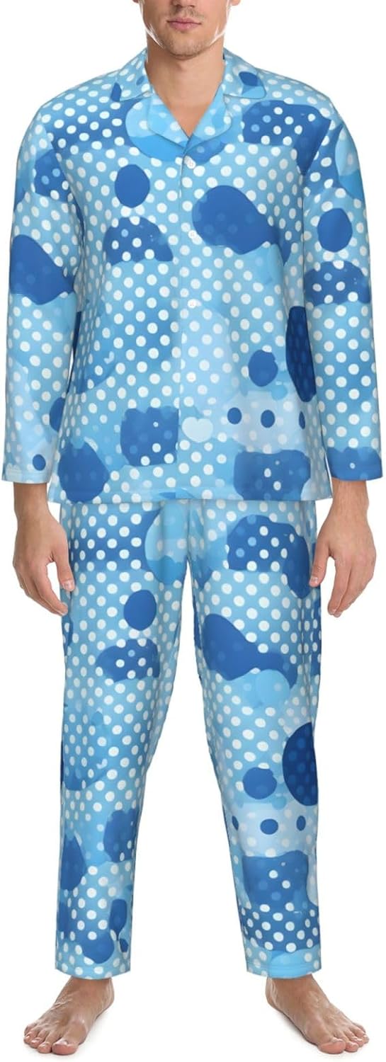 Blue Polka Dot Print Print Luxurious Mens Pajamas Set,Soft Breathable Pajamas, Perfect For Winter Christmas