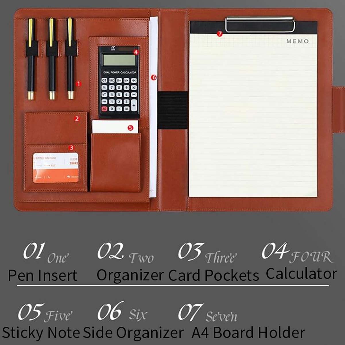 Segregator A4 Padfolio, segregator A4 ze skóry PU z notatnikiem, kalkulator 8/12-cyfrowy, opakowanie 3 sztuk, brązowo-czarny, czarno-12-cyfrowy kalkulator solarny,Black-12 digit solar calculator