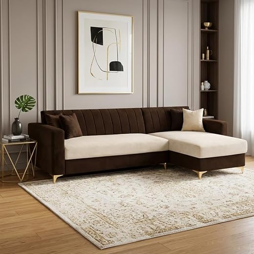 CASACOMFORT Frida Dual Tone Rich Velvet Suede 5 Seater L Shape Sofa Set | Golden Aesthetic Legs | Spacious Soft Touch Comf