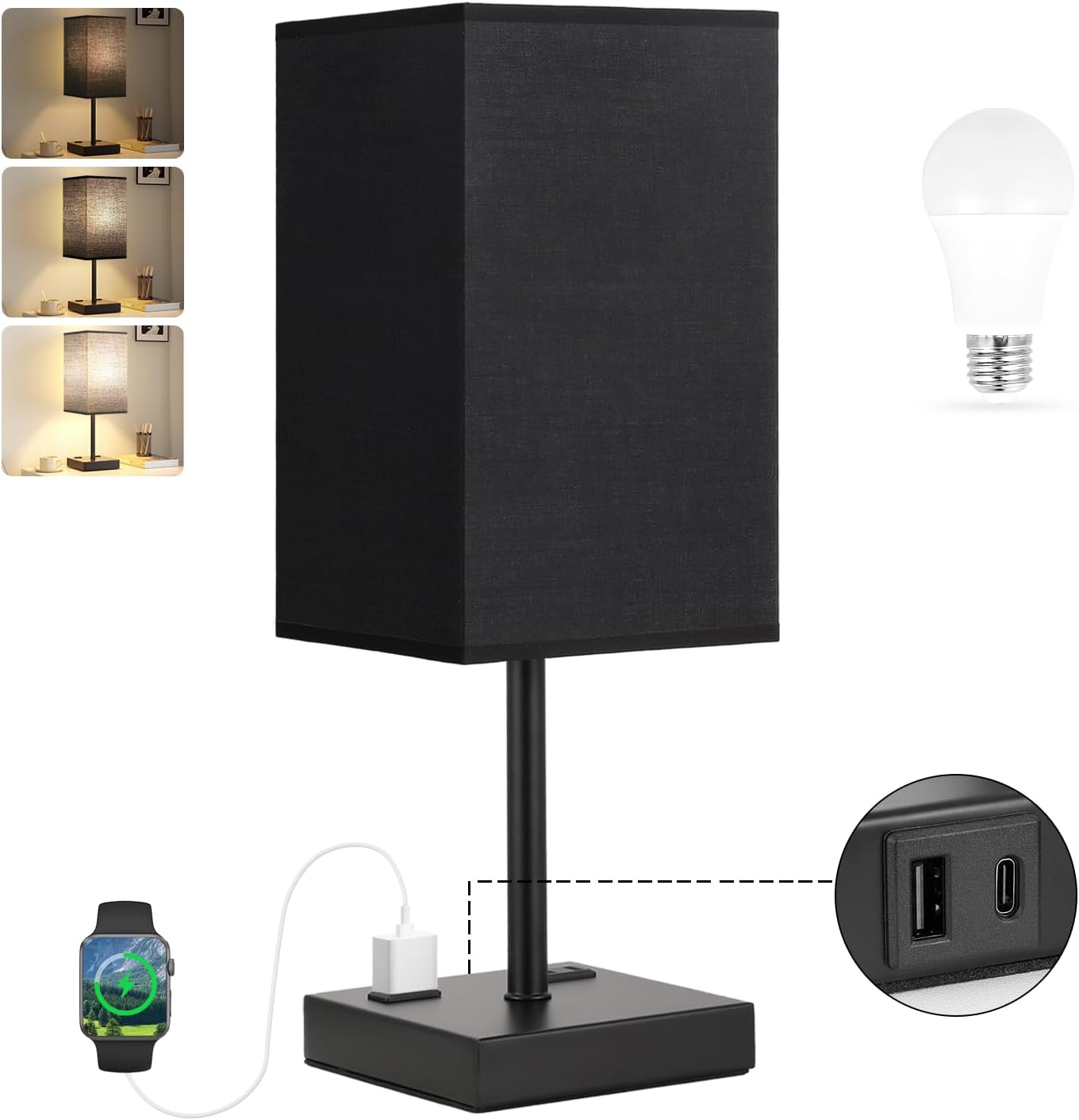 PLUS Black Bedside Lamp for Nightstand - Touch Table Lamp With Type C + A and AC Outlet, Square Charging Lamps For Bedroom Decor, Small Night Light For Office, Dorm Lamp For Men, E26 Bulb Included