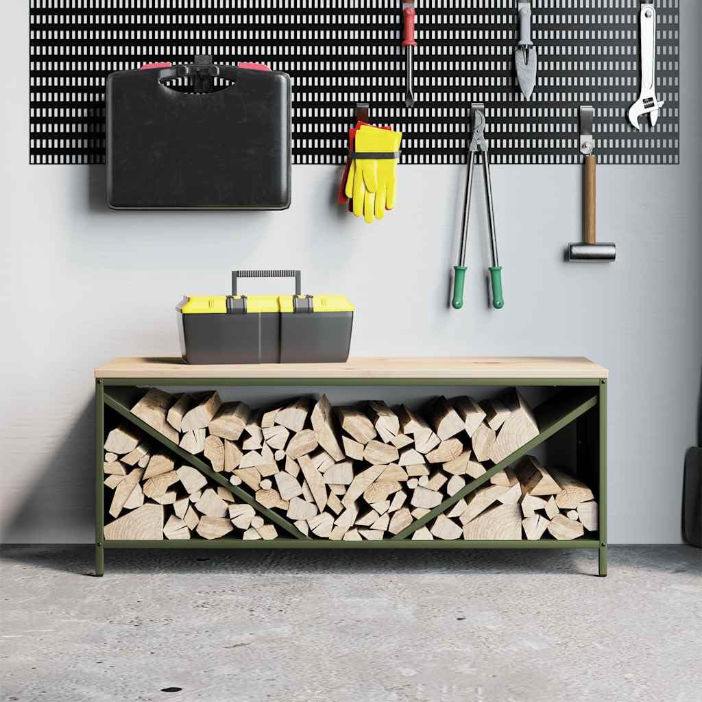Brennholzregal aus kaltgewalztem Stahl mit Holzplatte, 100,5x35,5x40 cm, Olivgrün, robuste Scheitholzablage für Wohnzimmer, Terrasse und Garten, stabile Holzstapelhilfe für Kamin und Ofen