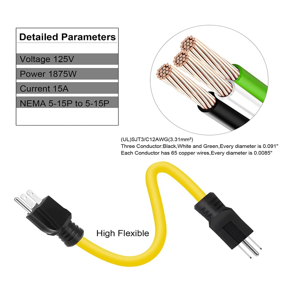 Adapter przedłużacza z 3-biegunową wtyczką, 12 AWG, 125 V, NEMA 5-15P na 5-15P, adapter kablowy do przełącznika transferowego, 60 cm