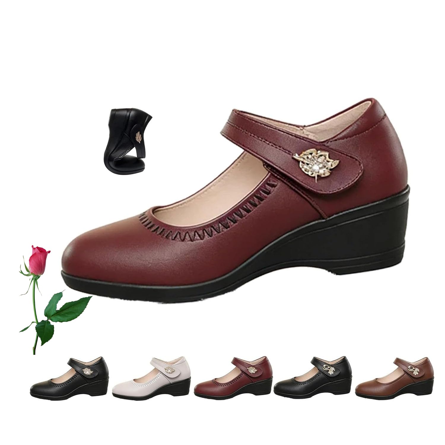 Mary Jane Comfort - Zapatos de tacón de cuña con correa de tobillo para mujer, puntera cerrada, puntera redonda, antideslizante, zapatos Mary Jane para mujer