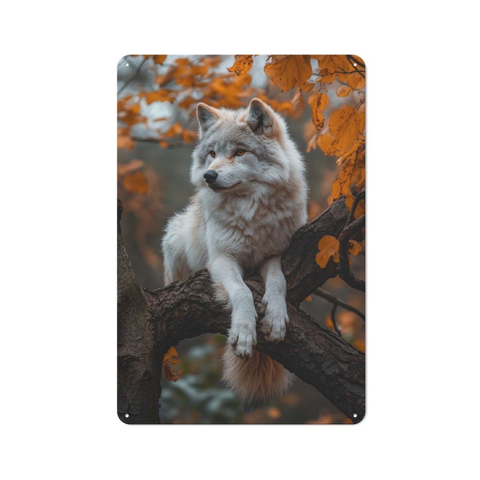 Junmoney Style-17 Wolf In Autumn Tree Retro-Style Tin Wall Plaque 30X20cm For Café Or Home Bar, For Themed Interiors In Cafés And Home Bars
