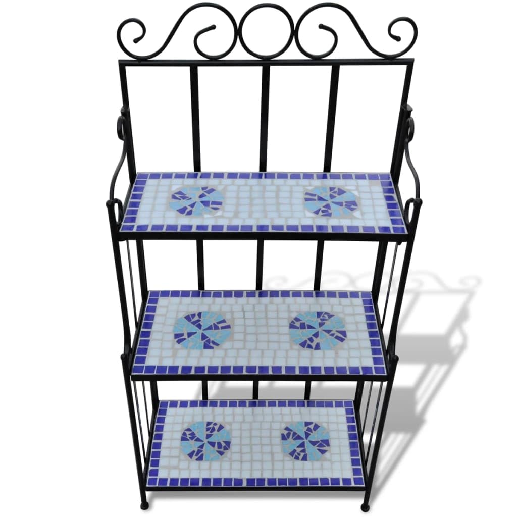 Pflanzenständer 3 Schichten Blau Weiß 115 cm | Gebogenes Eisen Fliesen Keramik Mosaik Garten Balkon Terrasse