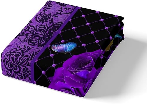 Miniatura 5 de Manfei Juego de funda de edredón de flores moradas, tamaño matrimonial, funda de edredón de mariposa azul con 2 fundas de almohada, juego de ropa de