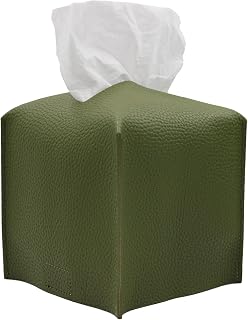 Livelab Tissue Box Cover, Square Decorative PU Leather Tissue Box Holder Modern Tissue Case Facial Paper Organizer Dispenser for Bathroom, Vanity Countertop, Night Stands, Desk 5X5X5'' | Olive Green