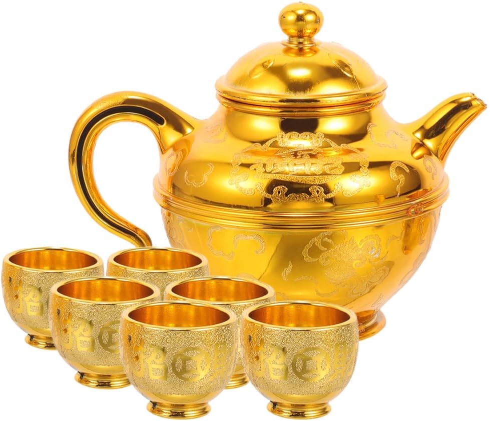 VOSAREA Sand Gold Teapot Flat Cup Set for Temple Offering Holy Water Buddhist Worship Tea Cups Decorative Offering Cups for Household and Religious Use